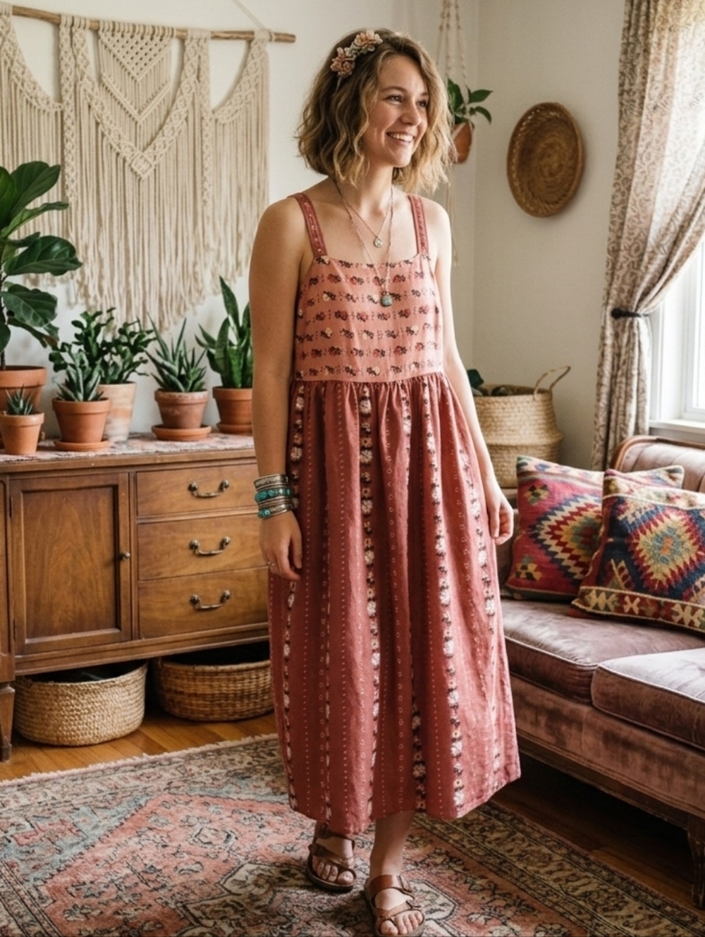 Sonoma Floral Midi Dress Women's L Terracotta Boho Smocked Pocket Linen Blend - Picture 3 of 13
